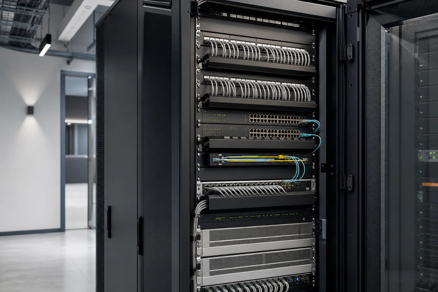 Professionell aufgebauter Netzwerkschrank mit aktiven und passiven Komponenten